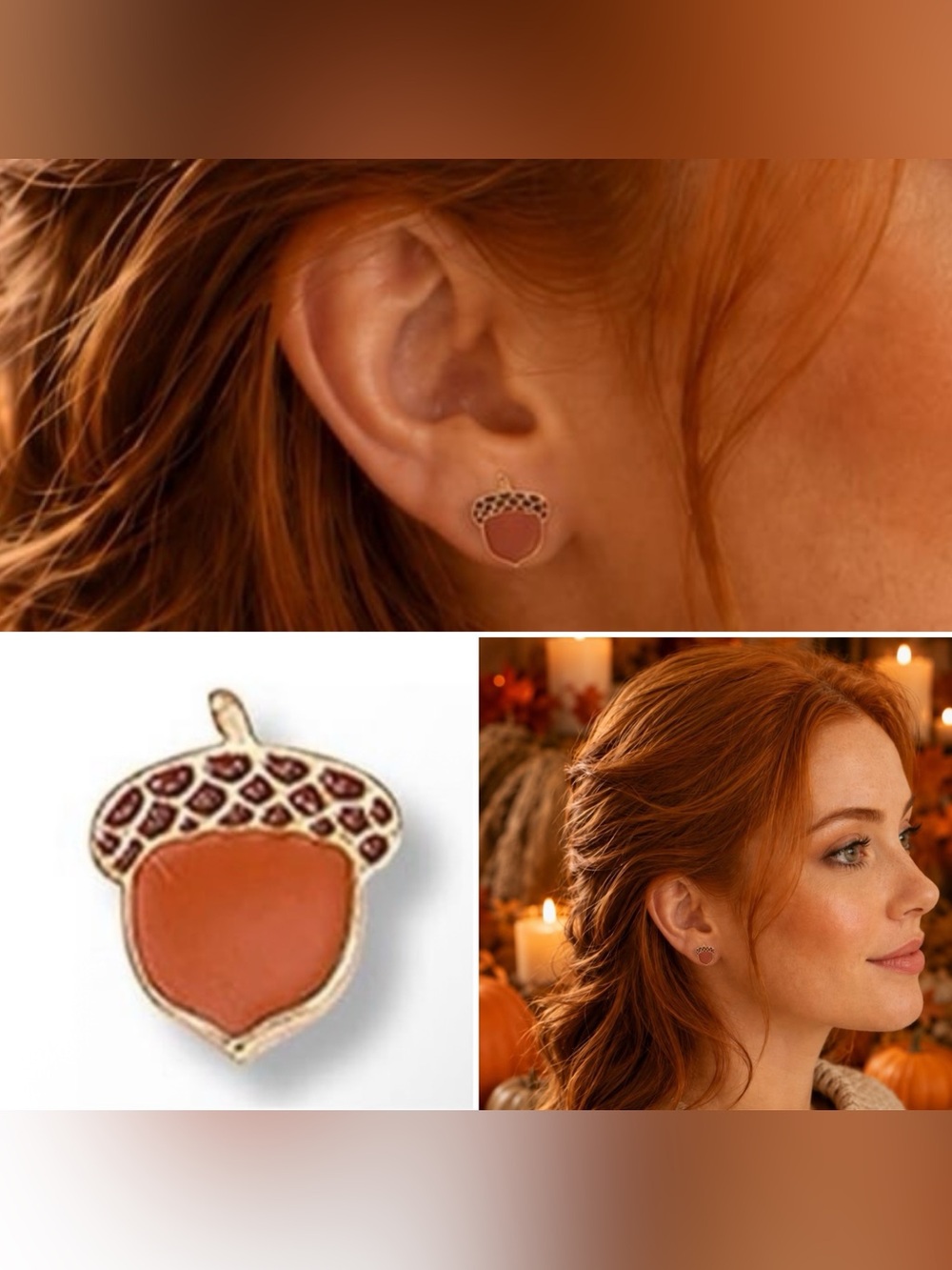 3/$15 Fall Earrings Acorn Earrings Golden Metal and Enamel Thanksgiving Earrings